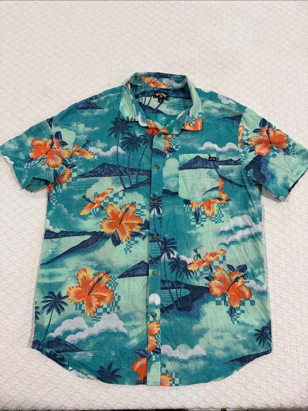 Billabong Teal and Orange Hawaiian Camp Collar Button-Down Shirt